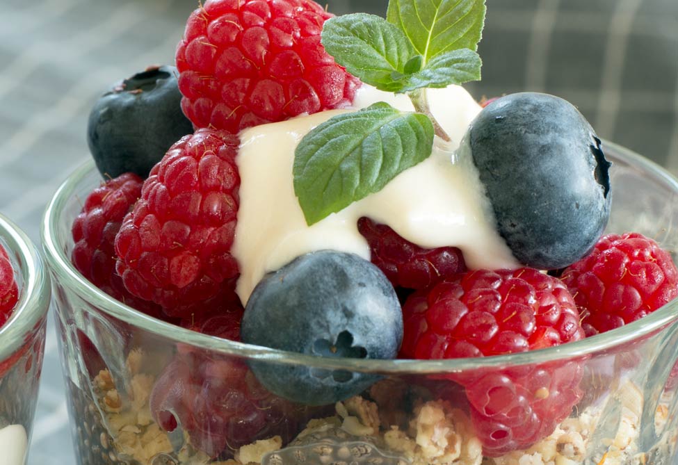 vegan recipe chia seeds and granola with berries from side